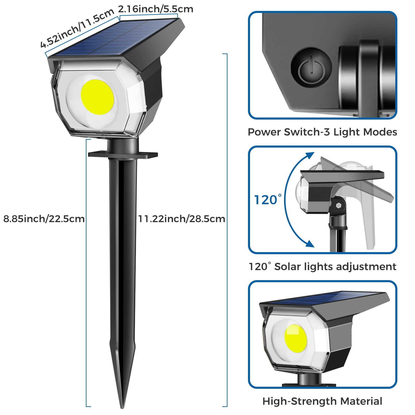 HOVMAP Solar Lights Outdoor COB LED Solar Spot Lights 1500mAh Battery 3 Modes IP65 Waterproof ABS 1 Pack for Garden Yard Pathway, 1Pc White light