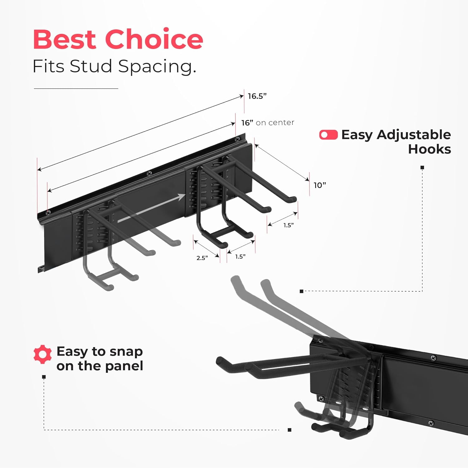 Wall-mounted rack showing hook positions and stud fastening points