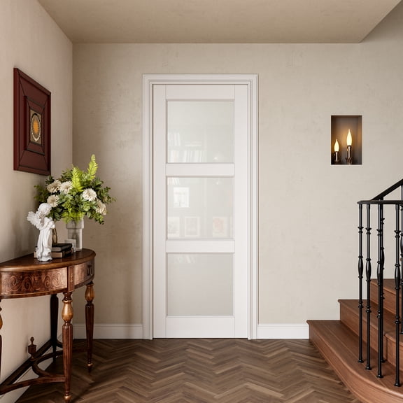 36" x 80" Interior Primed Slab Door Frosted Glass Door 3-Lite Solid Core Pantry Standard Door French Style Doors