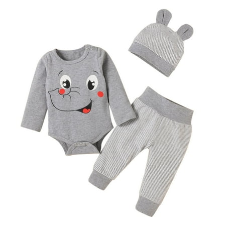 

TUOBARR Toddler Baby Boy Girls Cartoon Animal Pattern Hat Long Sleeve Clothe Three-piece Gray (0-12Months)