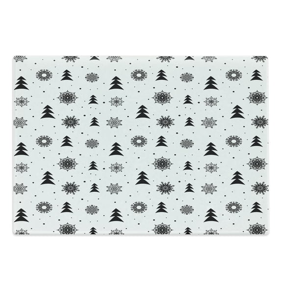 Nordic Cutting Board, Christmas Pine Trees Snowflakes Noel Winter North Holiday Celebration Graphic Art, Decorative Tempered Glass Cutting and Serving Board, Large Size, Black White, by Ambesonne