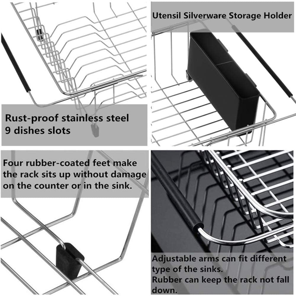 SANNO Large Expandable Dish Drying Rack with Removable Utensil Silverware Holder,Deep Large Dish Rack Over The Sink in Sink on Counter,Dish Drainers Stainless Steel