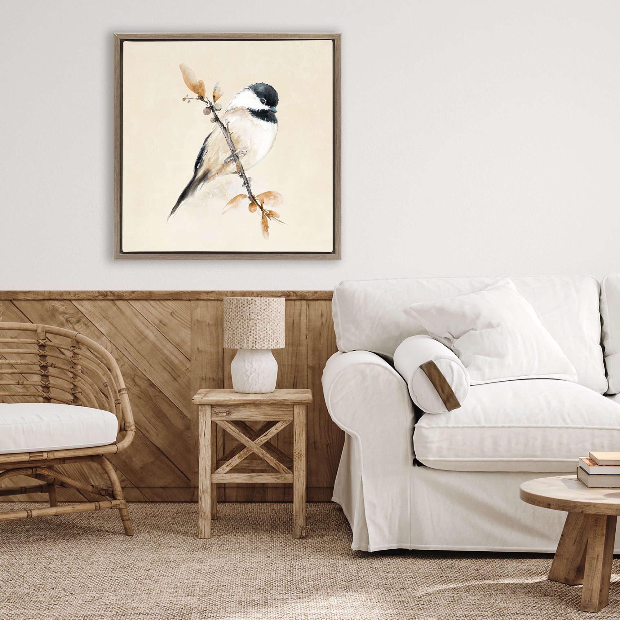 Stupell Industries Muted Watercolor Chickadee Brown Framed Floater Canvas Wall Art, design by Diannart