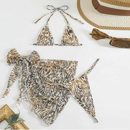 Clearance Rciityk Women s 3 Piece Swimsuits Print Halters Triangles Tie Side Bikini Bathing Suit with Cover Up Beach Skirt - Summer Savings Clearance