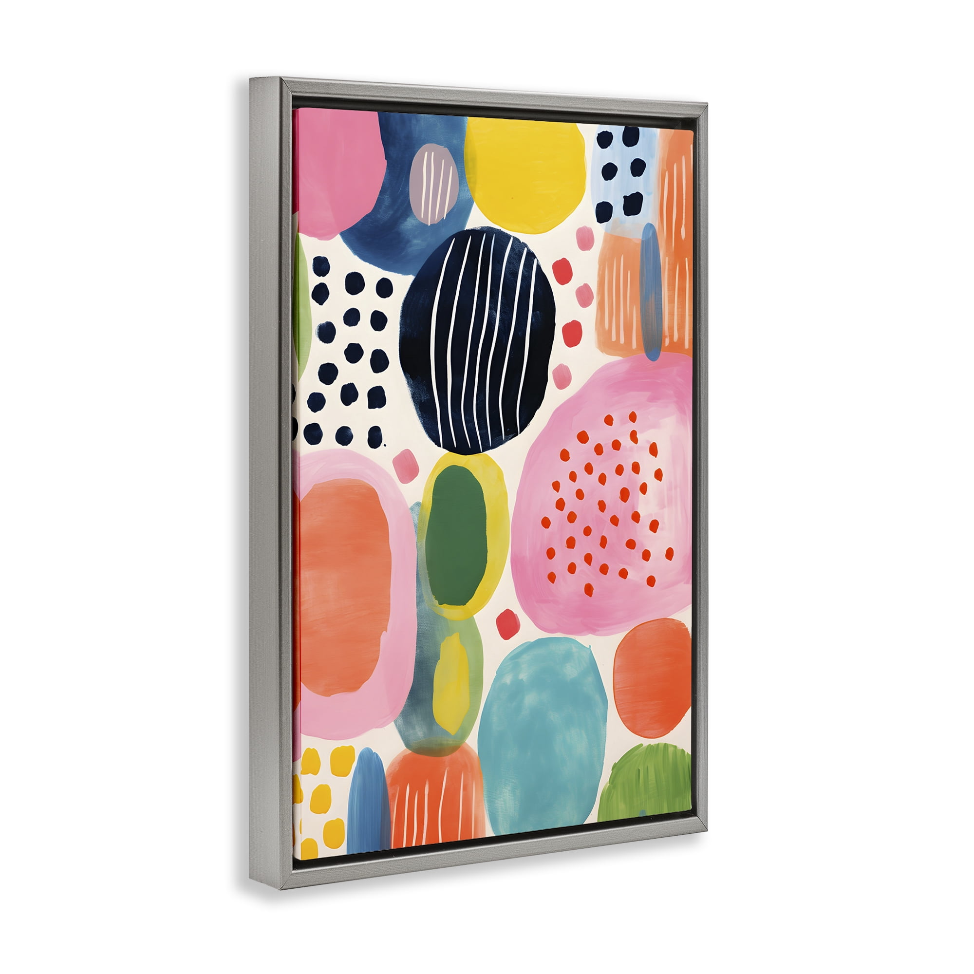Stupell Industries Whimsical Patterned Shapes Abstract Painting Gray Floater Framed Canvas Art Print Wall Art, 17 x 25