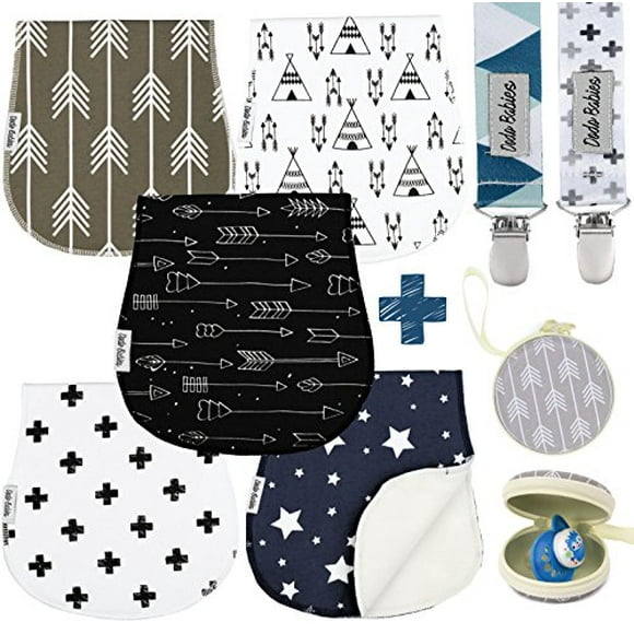 5-Pack Baby Burp Cloths - Soft, Absorbent Cotton Burp Cloths - Includes Pacifier Case and 2 Pacifier Clips - Colors Blue, Grey and Black