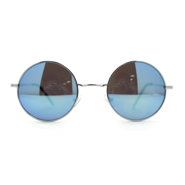 Miroir Coloré Emblématique Hippie Rond Cercle Lentille Lunettes de Soleil en Métal Argent Bleu Miroir