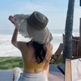 thumbnail image 4 of Gray Las mujeres ahuecan hacia fuera el sombrero tejido de paja para el sol borlas de ala ancha Bowknot cinta gorra de playa, 4 of 5