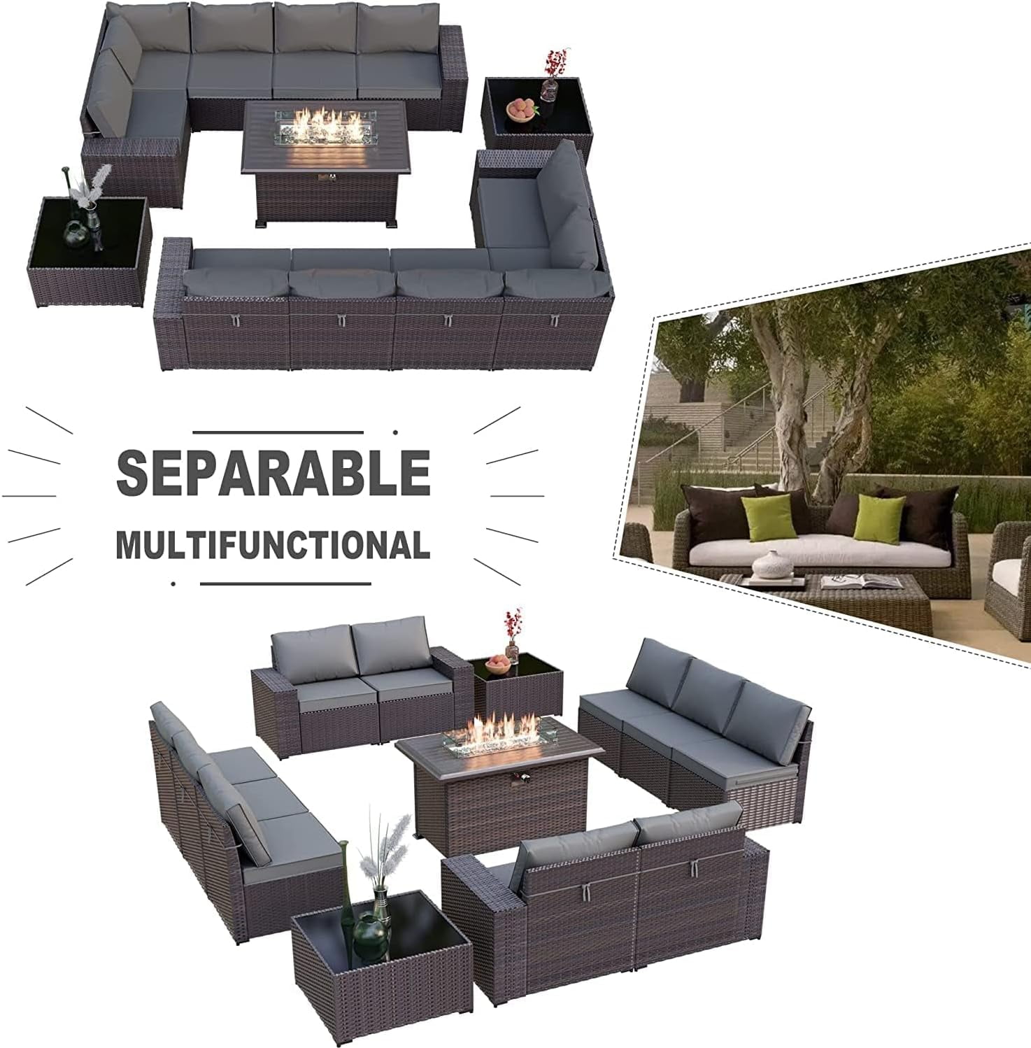 Gotland 13 Pieces Outdoor PE Rattan Wicker Patio Furniture Set with 43" Fire Pit Table Outdoor Steel