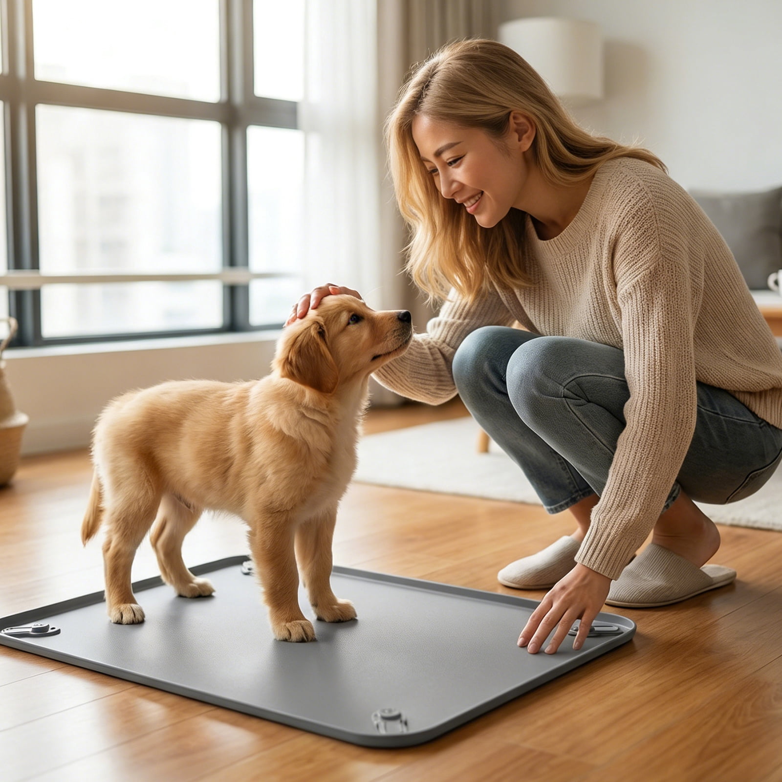 Silicone Dog Pee Pad, Washable Reusable Leak Proof Puppy Training Pads, Anti-Slip Pet Urine Mat with Fixed Buckles, for Dogs Cats, Protect Floors Furniture from Pet Accidental Pee(16.5"*24.4",Pink)