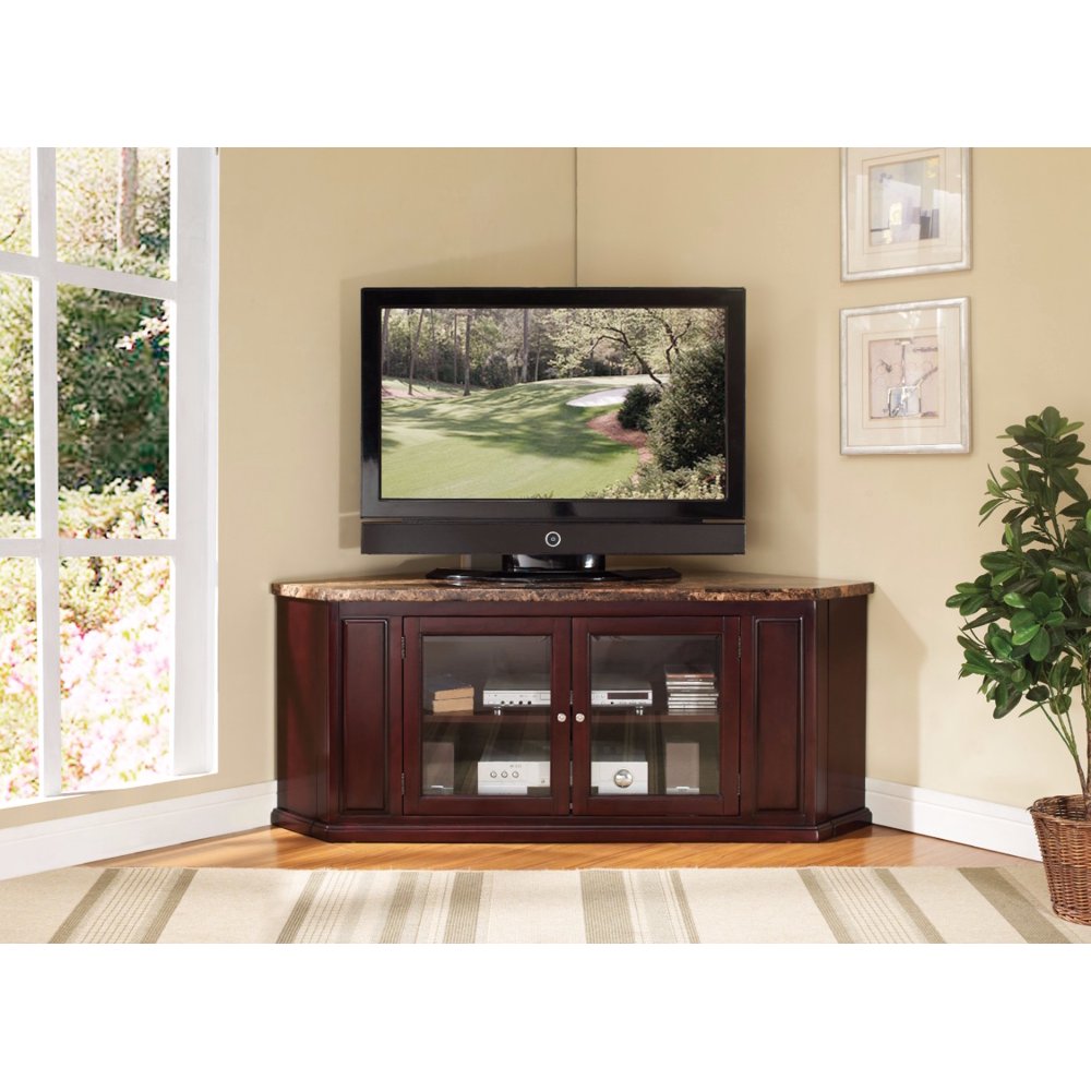 Corner TV Stand, Faux Marble & Espresso Brown