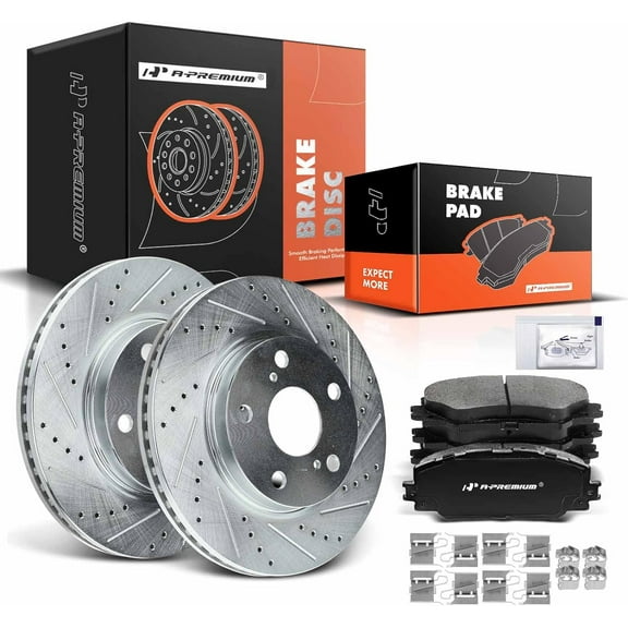 A-Premium Front Drilled and Slotted Disc Brake Rotors   Ceramic Pads Kit Compatible with Toyota, Lexus and Scion Models - RAV4 2006-2018, Prius V, HS250h, xB, 6-PC Set