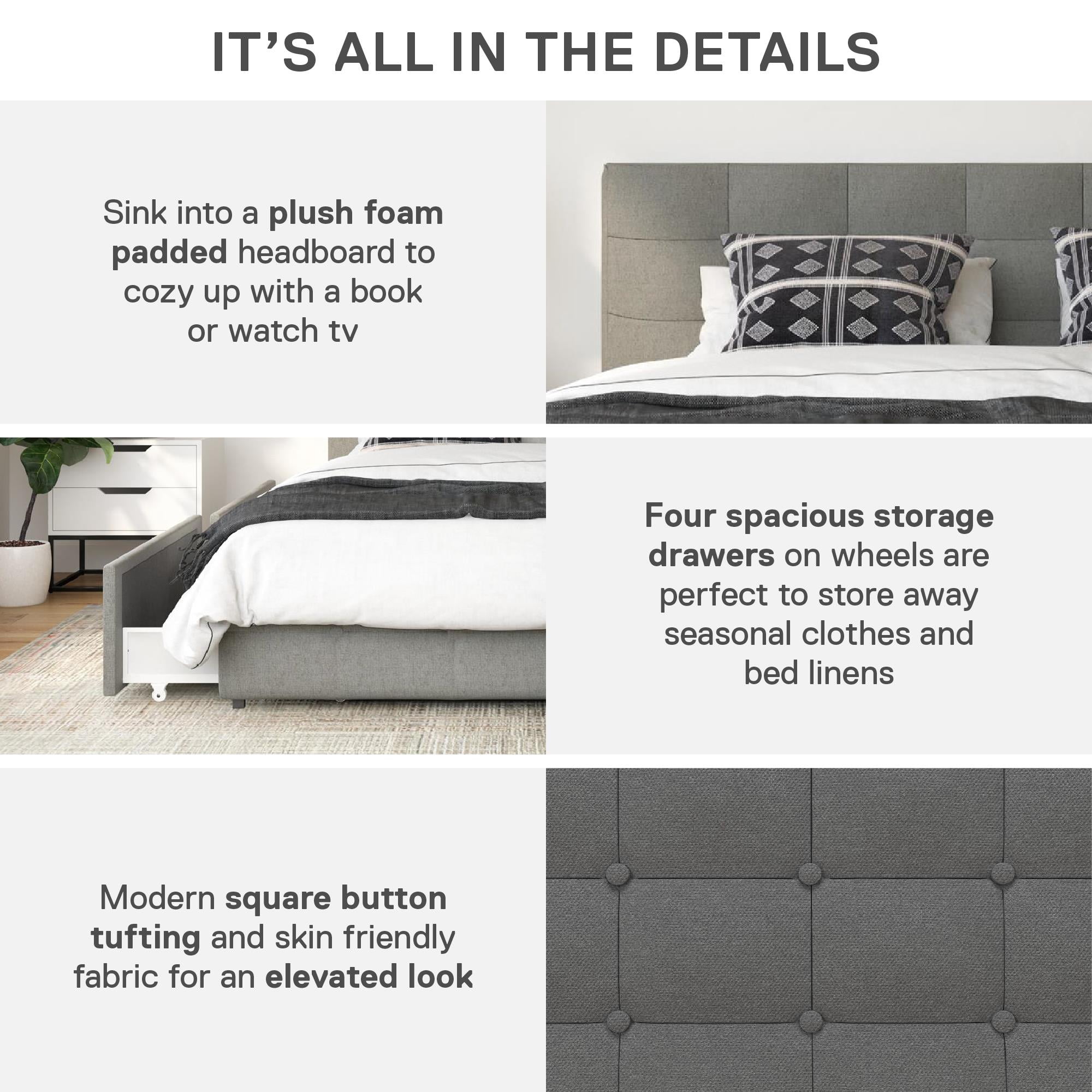 DHP Rose Tufted Upholstered Storage Bed Frame, King, Gray Linen