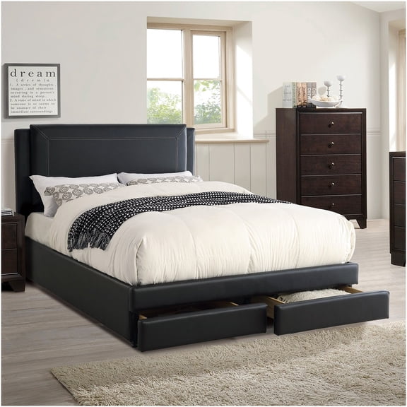 Modern Full Size Upholstered Storage Bed Frame with Drawers, Black Faux Leather Platform Bed for Bedroom