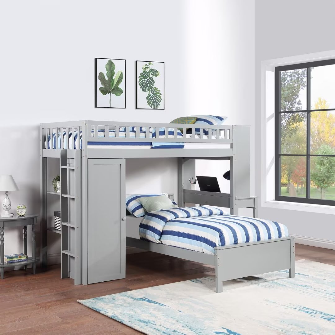 Twin Size Loft Bed with Closet and Desk, Pine Wood Loft Bed Bed Frame