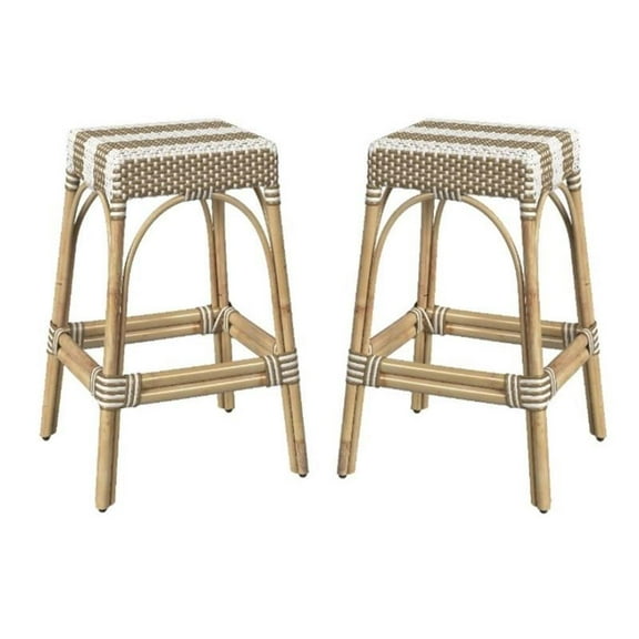 Home Square 30" Rectangular Rattan Bar Stool in Tan & White - Set of 2