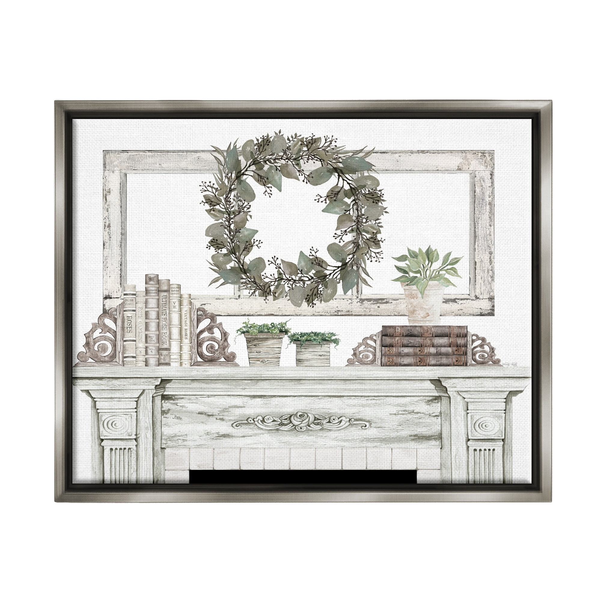 Stupell Industries Festive Wreath Cozy Fireplace Mantel Rustic Design Graphic Art Luster Gray Floating Framed Canvas Print Wall Art, Design by Cindy Jacobs