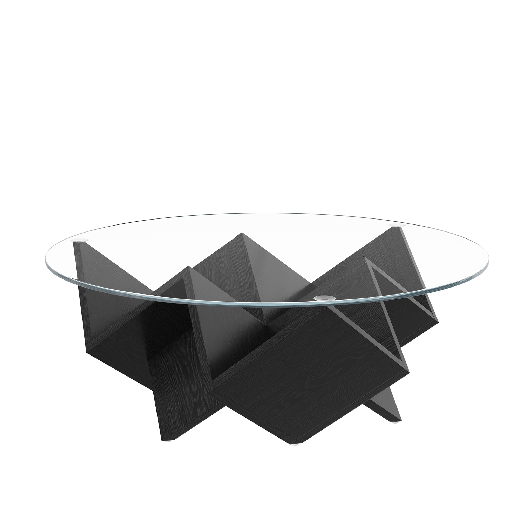 35.4" Round Coffee Table with Tempered Glass Top, Geometric Design Accent End Table with Abstract Art Deco Storage Shelves Base