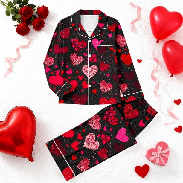 RKSTN Women's Valentines Pajama Sets Plus Size Notch Collar Button Down Valentine's Day Print T Shirt Top and Pjs Pant 2 Piece Matching Set Casual Lapel Sleepwear Shirt Pjs Loungewear Two Piece Set