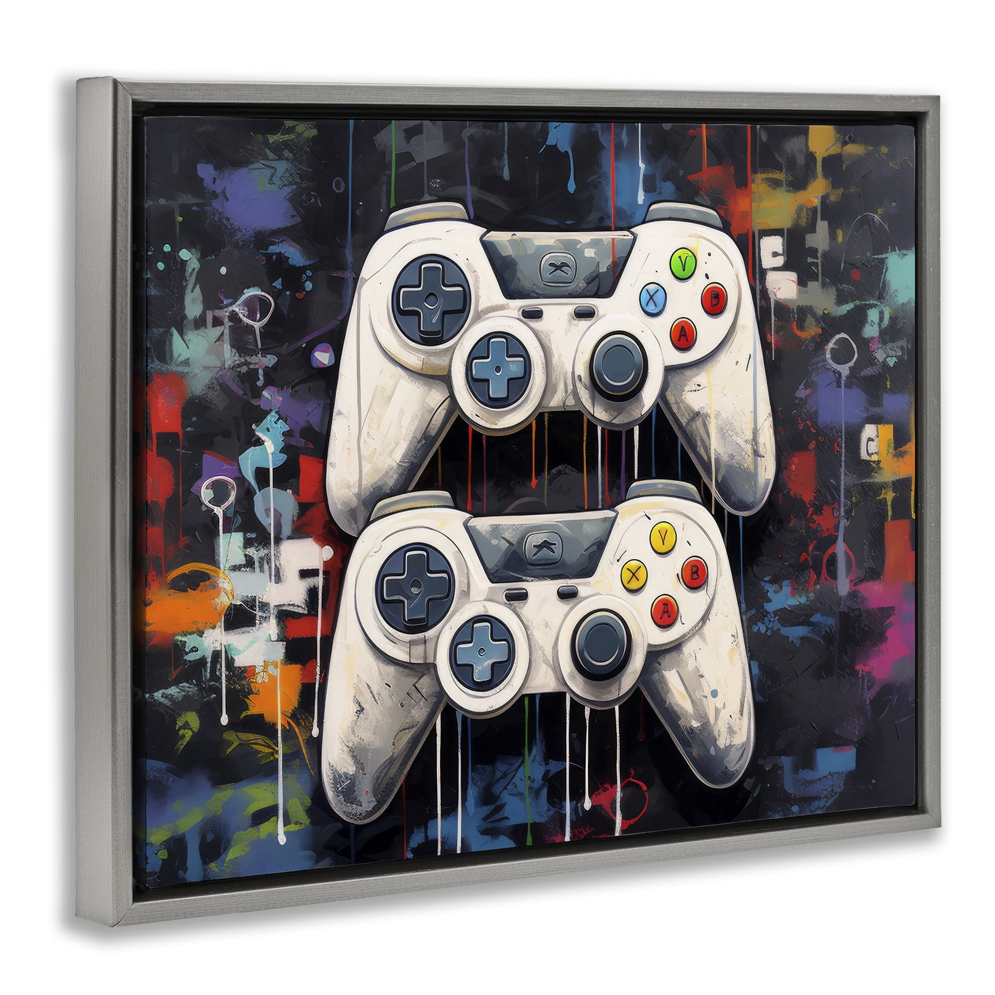 Stupell Industries Joystick Journeys with Paint Splatter Gray Framed Floater Canvas Wall Art, design by Lazar Studio