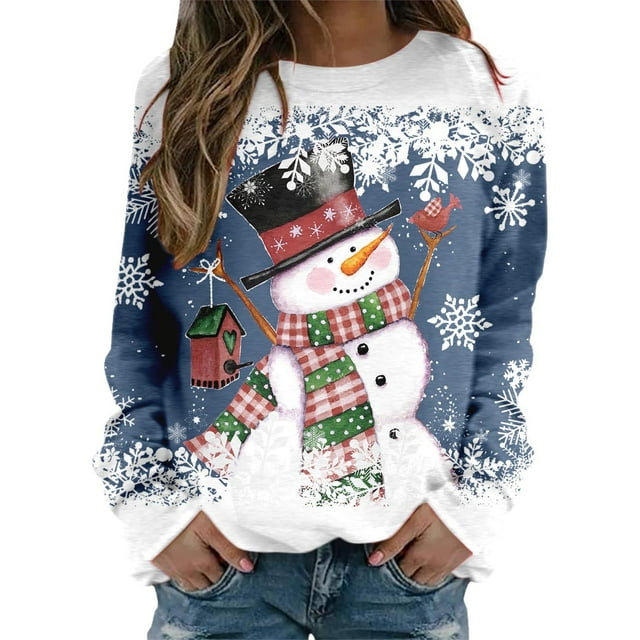2025 Chandails de Noël pour Femmes Confortables Chandails à Manches Longues pour Femmes Convenant aux Adolescentes Chandails Longs pour Dames Chandail à Manches Col Rond Mignon avec Renne Graphique Noël