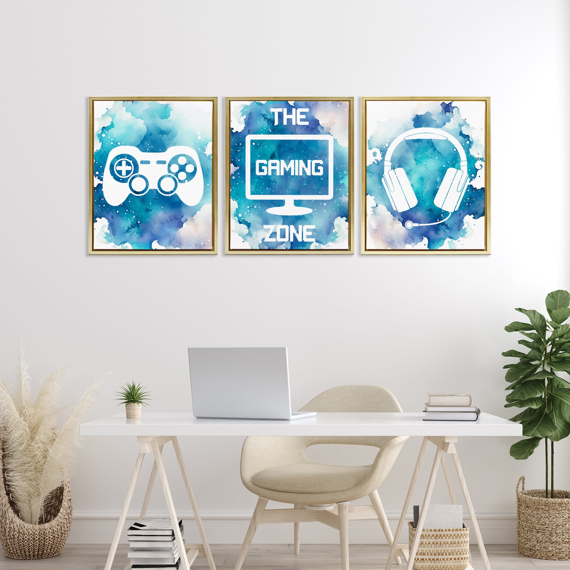 Blue Gamer Splatters 3 Piece Gold Framed Floater Canvas Set, design by Marcus Prime