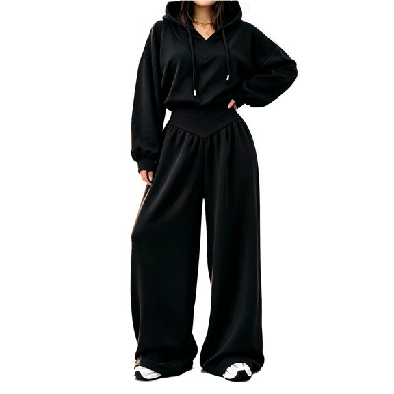 Szluipve 2 Piece Sets for Women 2 Piece Tracksuit V‑Neck Drawstring Hoodie Top High Waist Pleated Wide Leg Pants Set Casual Loose Matching Loungewear Outfit With Pockets Black M