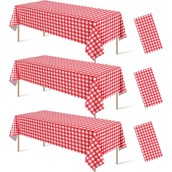 3 Pcs Red and White Gingham Tablecloth Decorations, Disposable Plastic Blue Checkered Tablecloth Buffalo Plaid Table Cover for Outdoor Picnic, Kitchen, Holiday Birthday Party Supplies,54 x 108 Inch