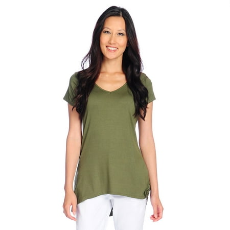 Indigo Thread Co. Women's Stretch Knit Hi-Lo T-Shirt in Mineral Green -
