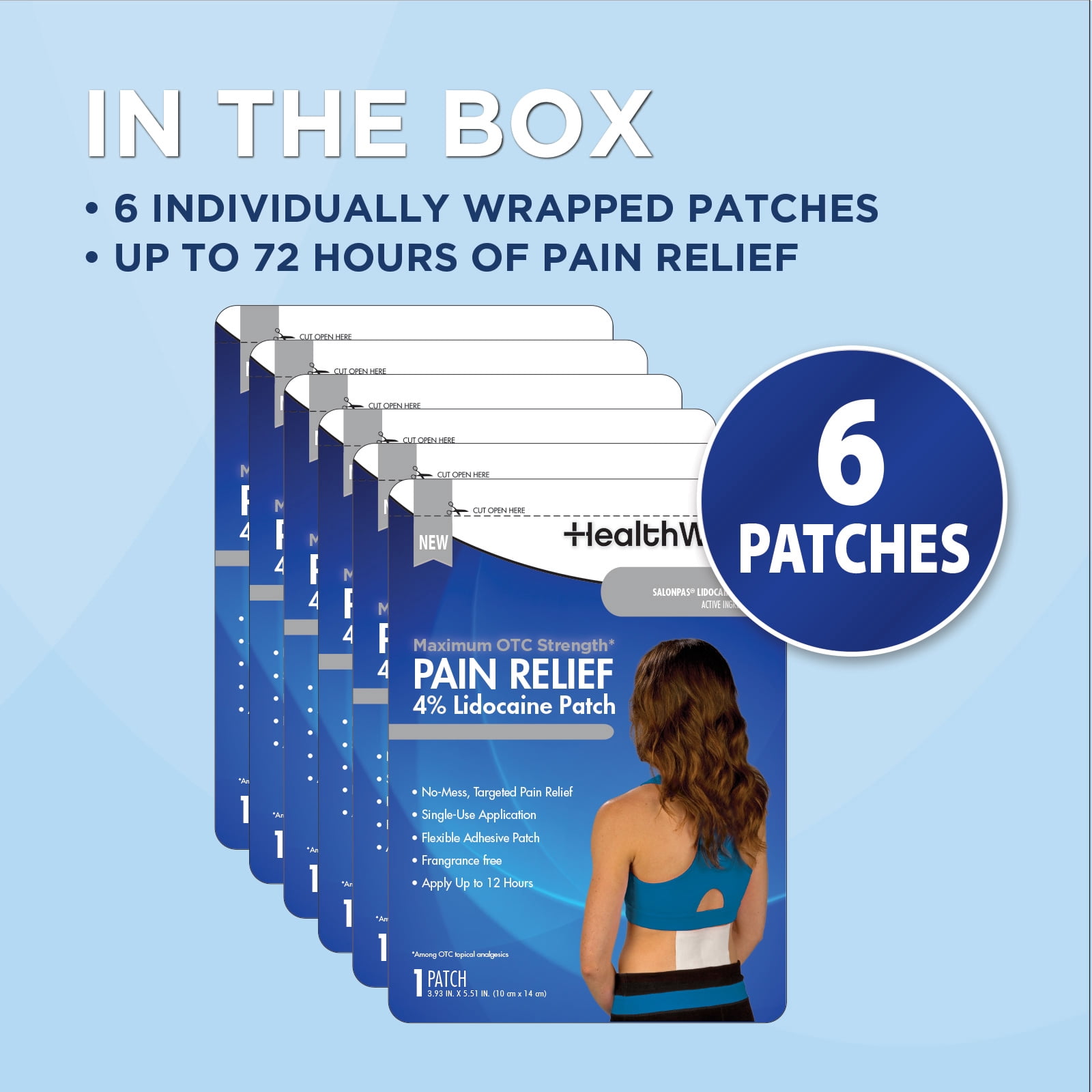 HealthWise 4% Lidocaine Pain Relief Patch | Maximum OTC Strength | 6-Count | 3.93” x 5.51” | Soothes Minor Aches and Pains | Odor Free | Topical Anesthetic | Easy to Apply Flexible Adhesive