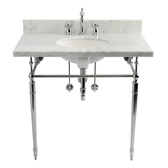 Kingston Brass CKVPB3622M81 Edwardian 36" Carrara Marble Console Sink Set with Widespread Bathroom Faucet and Plumbing Trim Kit (8-Inch, 3-Hole), Carrara Marble White/Polished Chrome