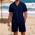 thumbnail image 2 of Men's Beach Clothes 2 Piece Cotton Linen Outfits Sets Casual Short Sleeve Button Down Cuban Guayabera Shirt Yoga Shorts Vacation Suit Summer Big and Tall Size S-3XL Navy, 2 of 6