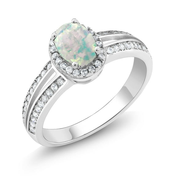 Gem Stone King 1.60 Ct Oval Cabochon White Simulated Opal 925 Sterling Silver Ring (Size 9)