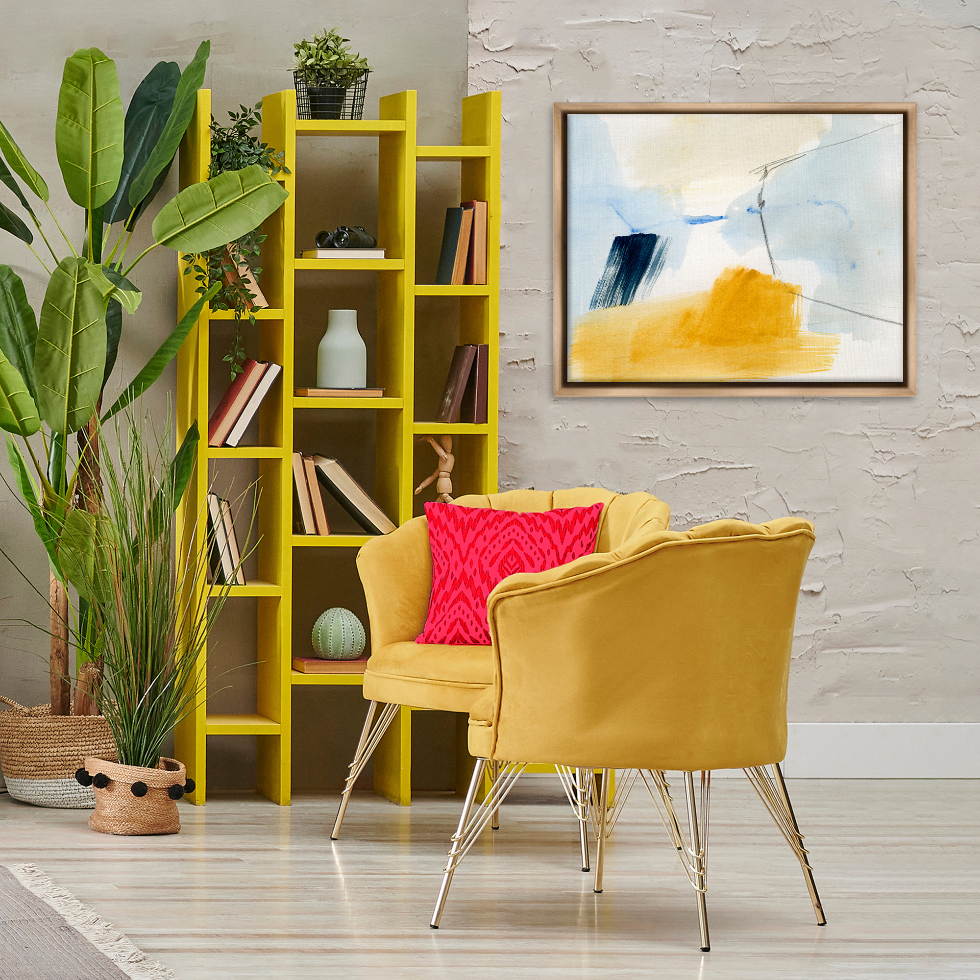 Stupell Industries Abstract Paint Yellow Accent Abstract Painting Brown Floater Framed Canvas Art Print Wall Art, 31 x 25