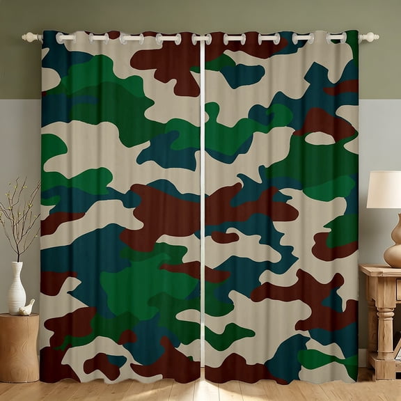 Manfei Minimalism Camouflage Blackout Curtains, Countryside Camo Window Curtains Pack of 2 (38x45 Each), Green Beige