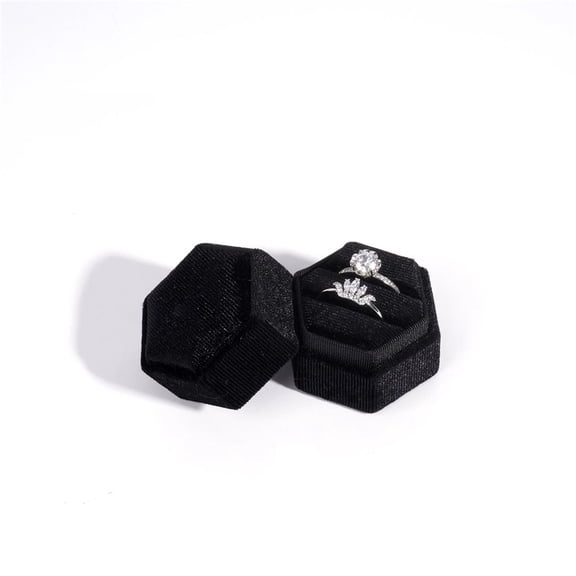 Jewelry Box Hexagon Velvet Ring Box,2 Slots-Engagement Ring Box,Vintage Premium Ring Bearer Boxes for Wedding,Proposal Jewelry Gift Case Rings Box( Black)