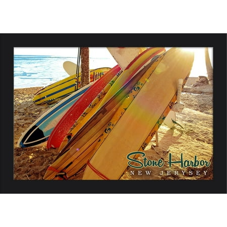 Stone Harbor, New Jersey - Surfboards on Beach Rack - Lantern Press Photography (18x12 Giclee Art Print, Gallery Framed, Black