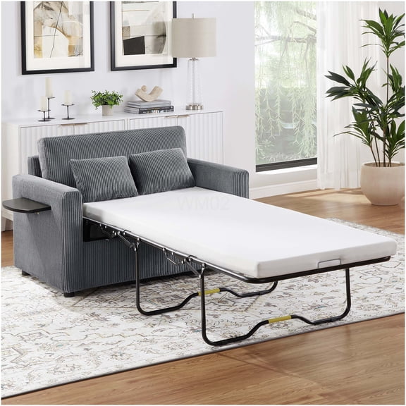 Twin Size Convertible Sleeper Sofa Loveseat with USB Ports, Side Table & Storage Pocket, Modern Corduroy for Small Spaces, Gray