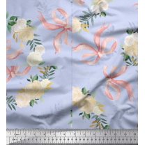 Soimoi Blue Japan Crepe Satin Fabric Ribbon & White Rose Wreath Floral Printed Craft Fabric by the Yard 44 Inch Wide