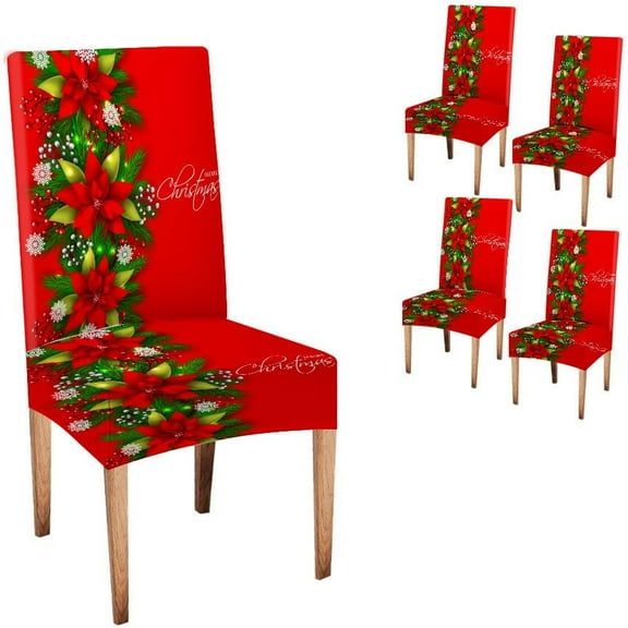 Christmas Decoration Chair Covers Living Room Chair Cover Merry Christmas Red Poinsettia Wreath Snowflake Spandex Stretch Washable Chair Protectors Christmas Chair Covers Set of 4