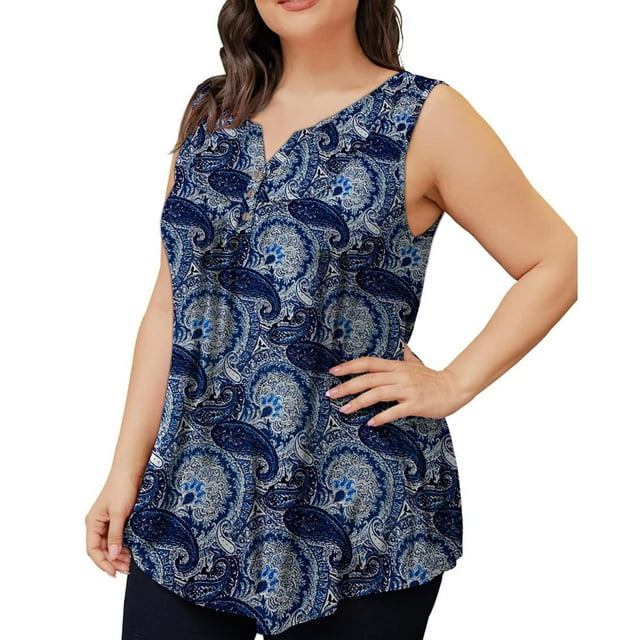 Plus Size Womens Tank Summer Printed Sleeveless Flared Trendy Casual Blouse Button Tunic Shirt Tops