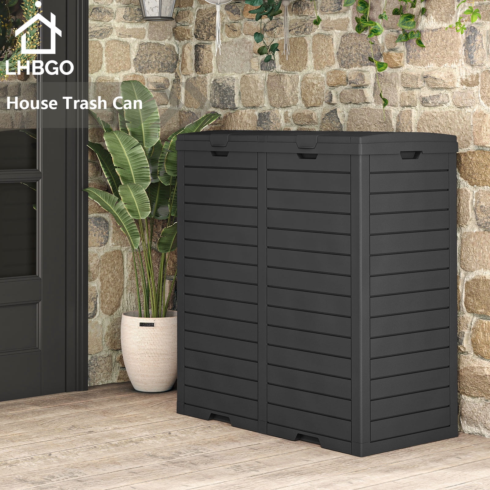 LHBcraft 62 Gallon Outdoor Trash Can, Waterproof Garbage Can with Tiered Lid and Drip Tray, Resin Outside Trash Bin for Patio, Backyard, Deck