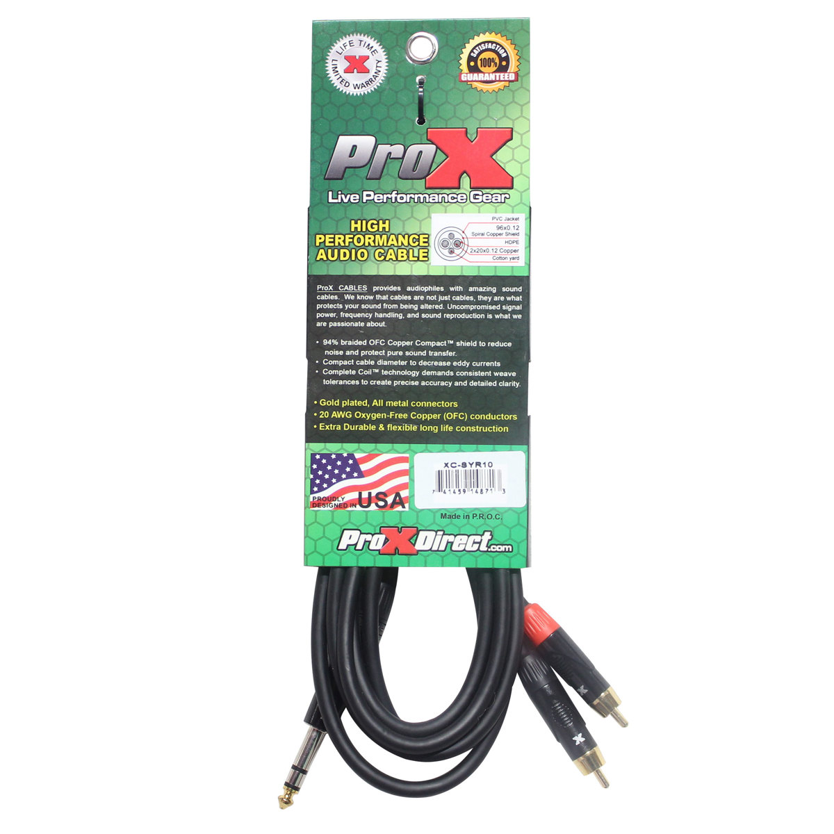 ProX XC-SYR10 10' 1/4" TRS-M Stereo to Dual RCA-M Unbalanced High Performance Audio Cable