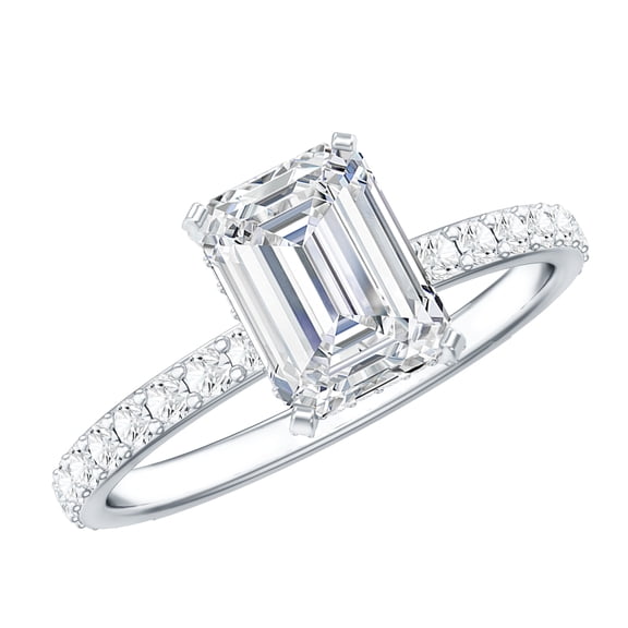 Rosec Jewels Certified Lab Grown Diamond Emerald Cut Engagement Ring - 2 Carat - EF-VS Quality Diamond Ring with Hidden Halo, 925 Sterling Silver, US 4.00