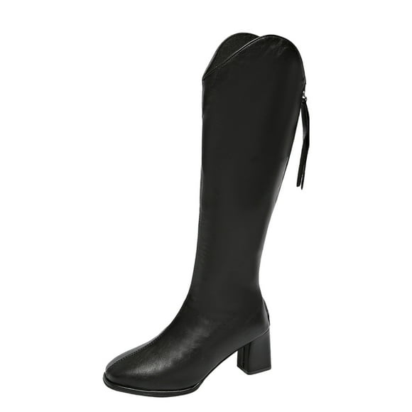 Black Ladies Tall Boots With Pointed Toe And Thick Heel For Fall Winter