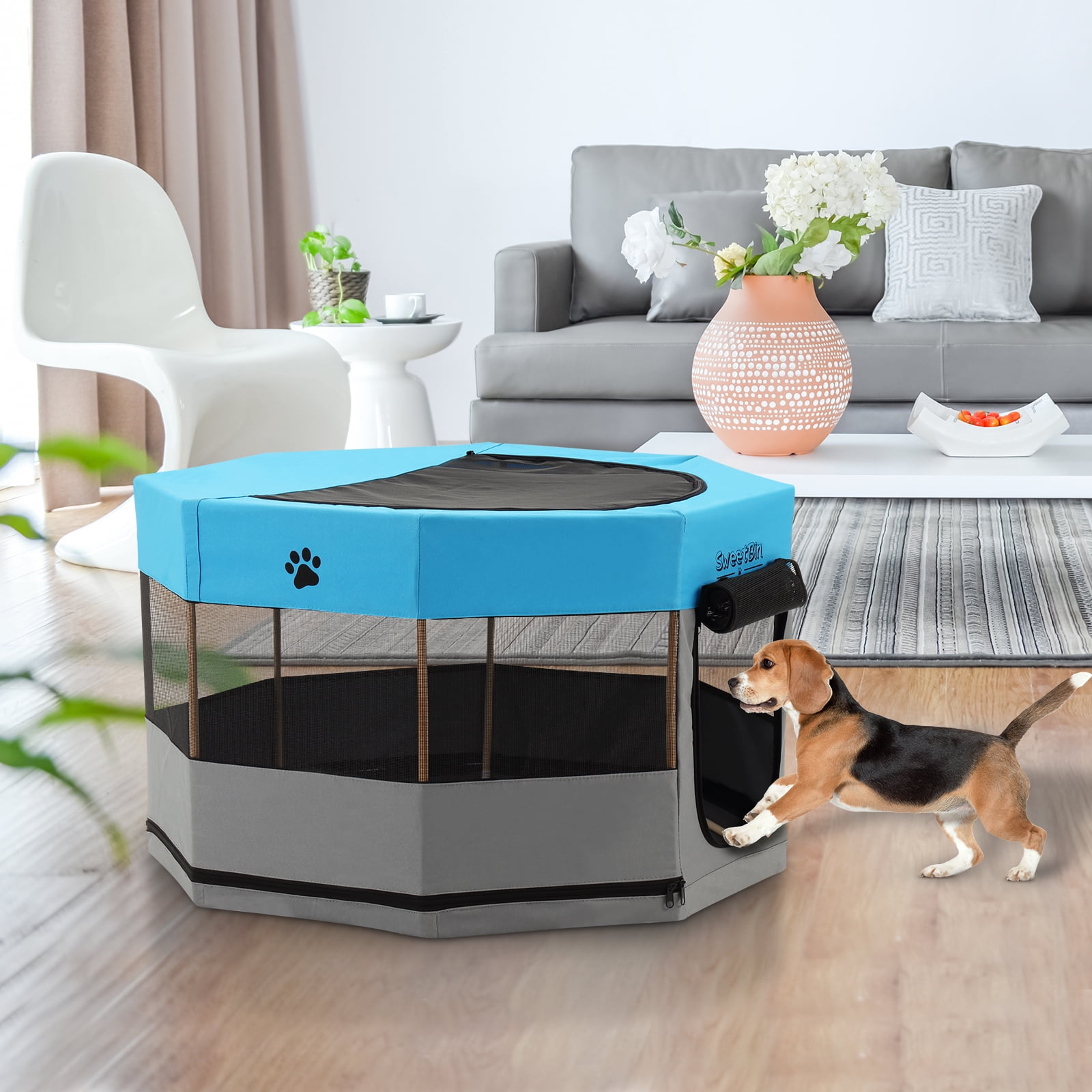 Medium Wood Frame Dog Playpen for Medium Dogs,Cat Playpen with Waterproof Bottom,Travel Pet Play Pen with Side Door for Puppies (36" x 36" x 23", Blue)