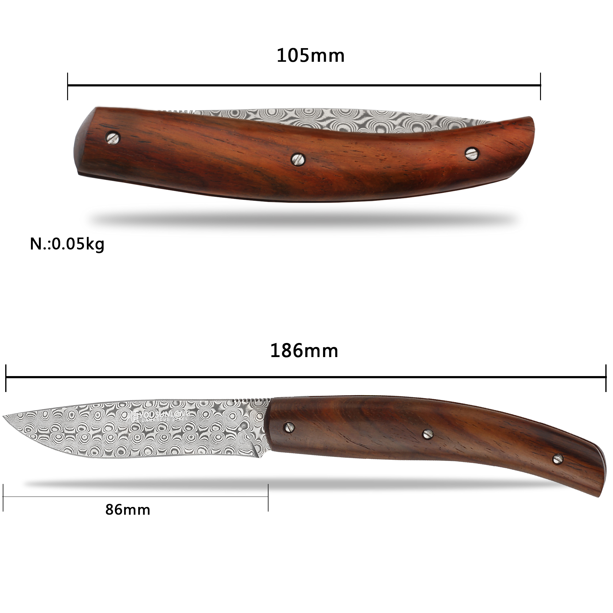 YOUSUNLONG Pocket Knife - Folding Knife Overall 186mm Damascus Steel Natural Rosewood Handle