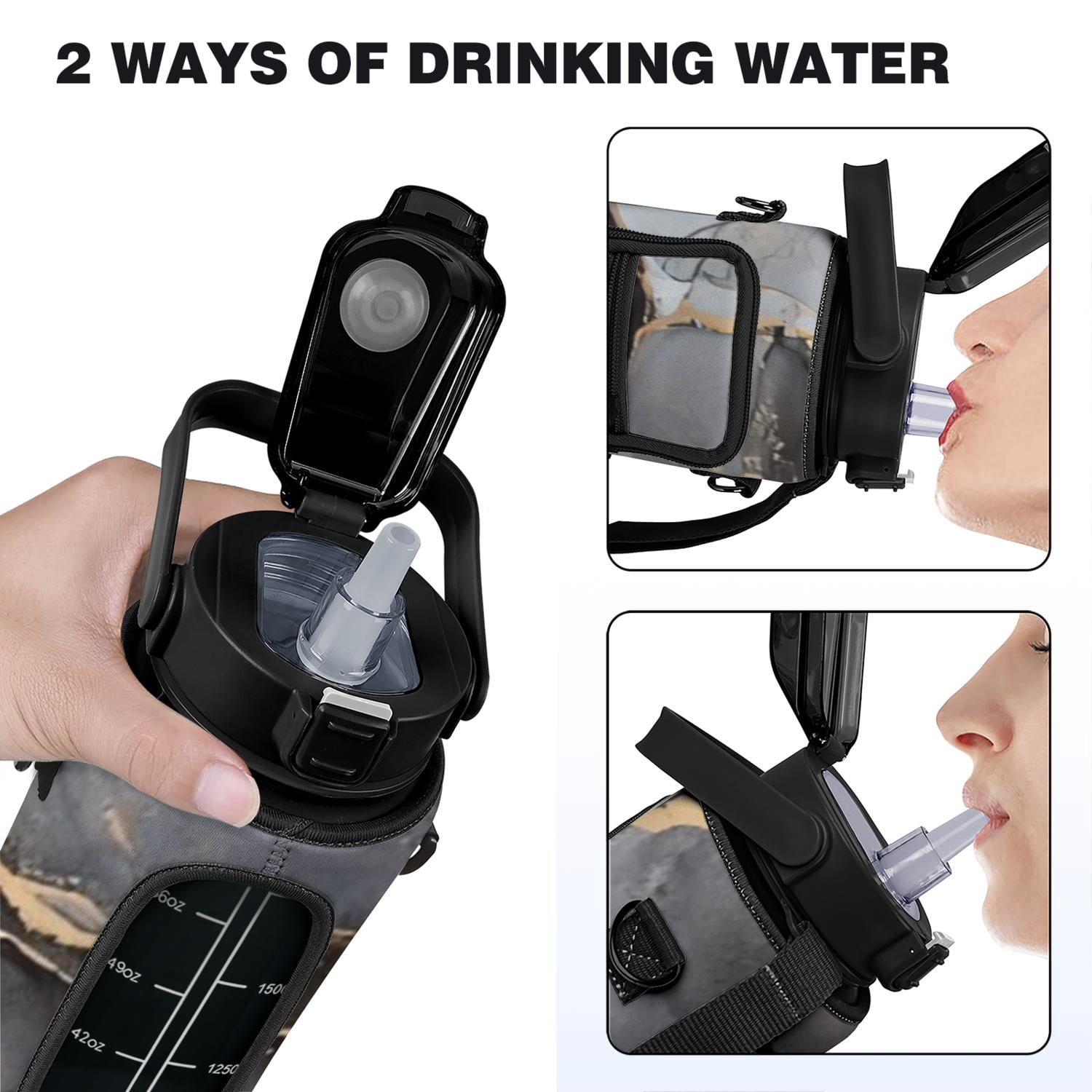 Marble Black&gold 64 Oz Half Gallon Water Bottle with Sleeve - BPA Free Leakproof Sport Large Plastic Water Bottle with Straw&Time Marker &Insulated Neoprene Holder Carrier Bag Gift for Women Men