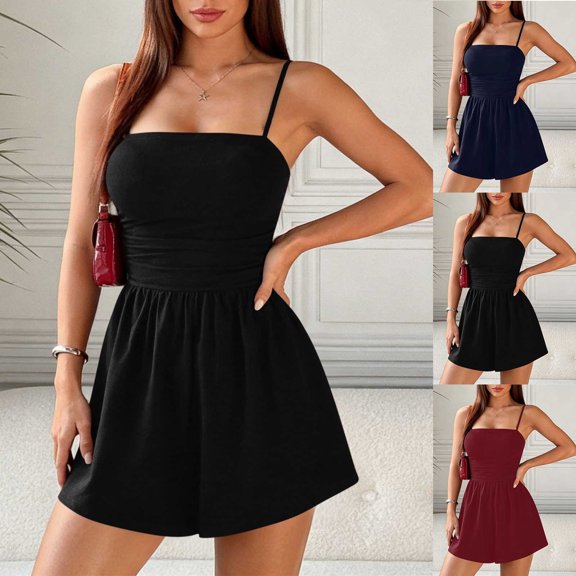 VBVC Women's Spaghetti Strap Ruched Romper Shorts,A-Line Square Neck Jumpsuit For Women,Ladies One-Piece Tummy Control Outfits with Pockets,Black,S-2XL