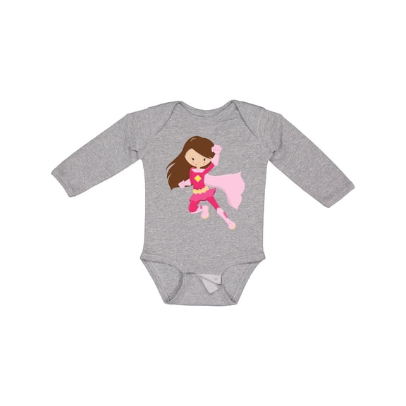 Inktastic Superhero Girl, Cute Girl, Brown Hair, Pink Cape Girls Long Sleeve Baby Bodysuit